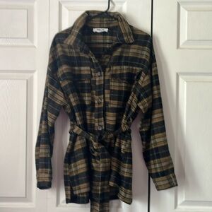 Double Zero Plaid Flannel Belted Shacket Jacket – Brown/Black – Cozy Fall Style
